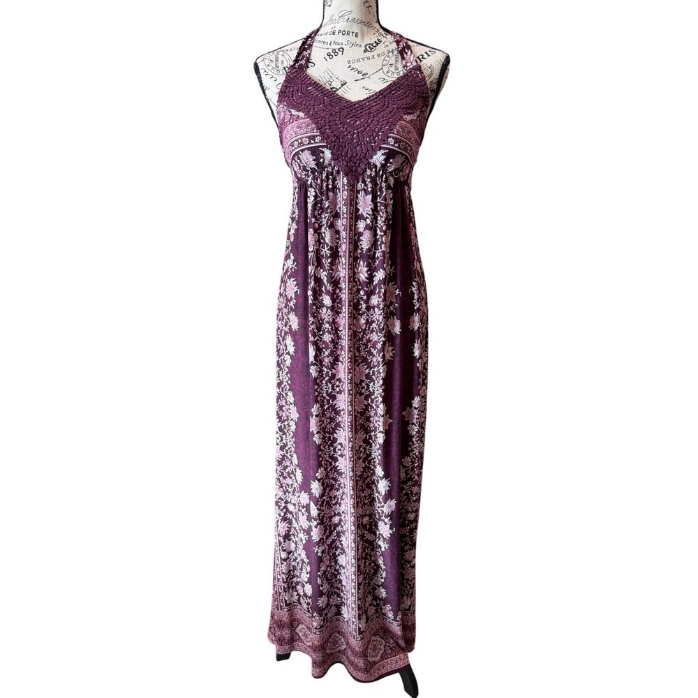 Vanity Womens Plum Floral Crochet Halter Maxi Dress Purple Boho Smocked Small